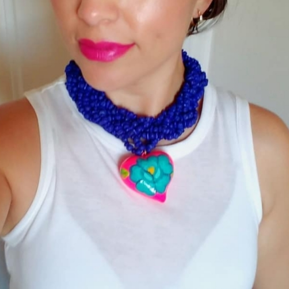Blue Beaded Necklace with Heart Pendant